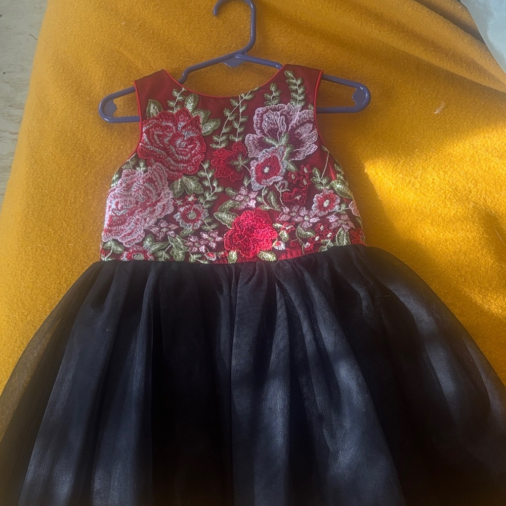 Girls Red Embroidered Bodice Black Tulle Formal Dress